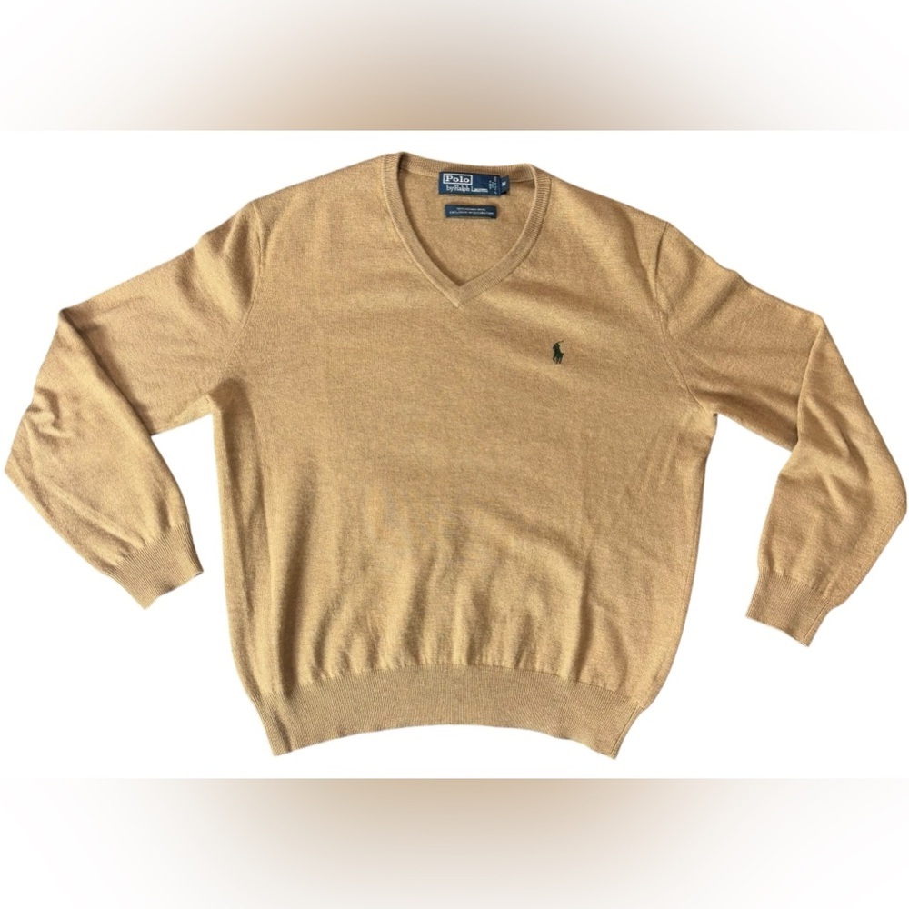 Polo Ralph Lauren Sweater Mens Tan V-Neck Pima Cotton Knit Pullover